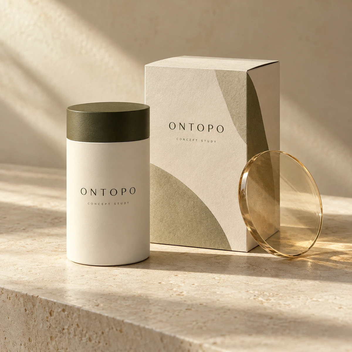 ONTOPO 品牌与产品创新概念：米白色包装与琥珀玻璃的材质组合。AI 概念设计。