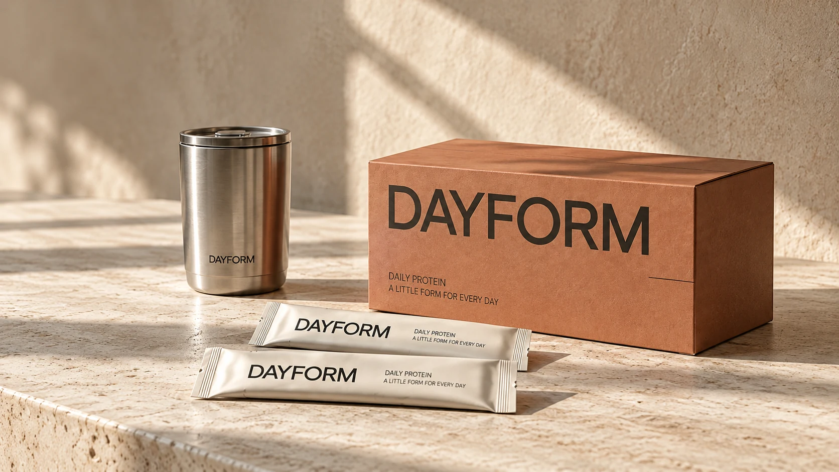 DAYFORM 原创包装：陶土色外盒、暖白便携装与金属杯具，置于自然光下的石材桌面。
