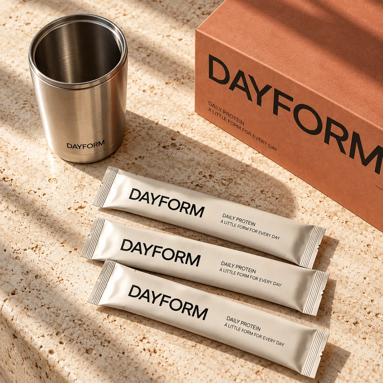 DAYFORM 原创产品概念：便携营养包装与金属杯具。